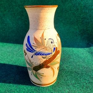 Mexican Pottery GF Tonala Vase Marked Lovely Design Bird & Flowers 8in No Chips